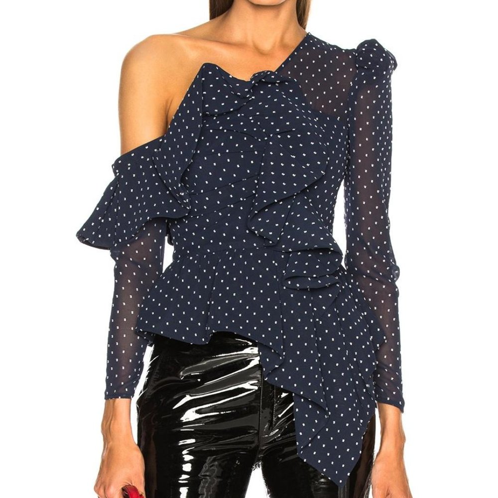 Self-Portrait Navy Polka Dot Asymmetric Blouse 4